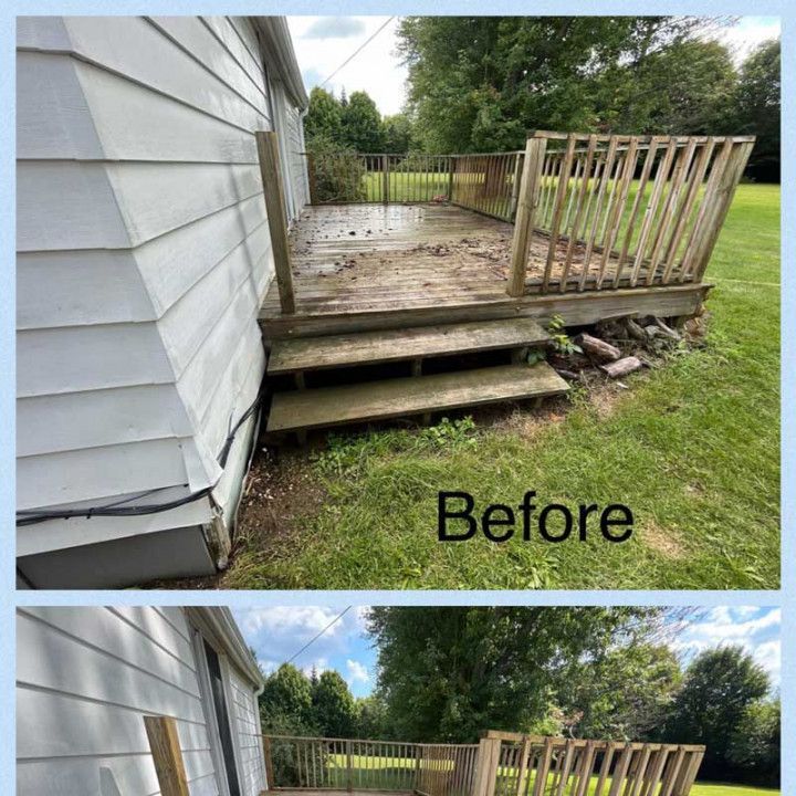 A before-and-after of a wooden deck. The before image shows a dirty deck with crumbling stairs. The after image shows the repaired deck.
