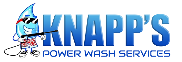 Logo: Blue water droplet character wearing sunglasses and holding a pressure washer, "Knapp's Power Wash Services".