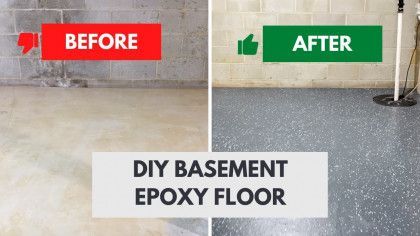 Comparison of basement floor before and after epoxy coating; showing a DIY project.