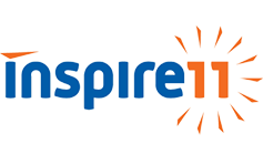 Insprie11 logo in blue and orange with sunburst design