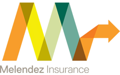 Melendez Insurance logo with multicolored geometric M and orange arrow