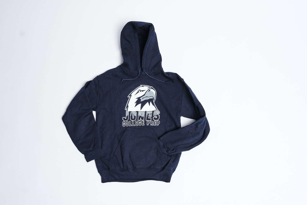 Navy blue hoodie with a white graphic logo centered on the chest, laid flat on a white background
