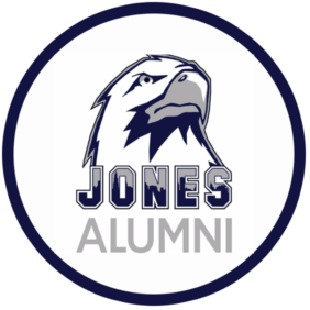 Jones Alumni logo with stylized eagle head in navy and gray inside a blue circle