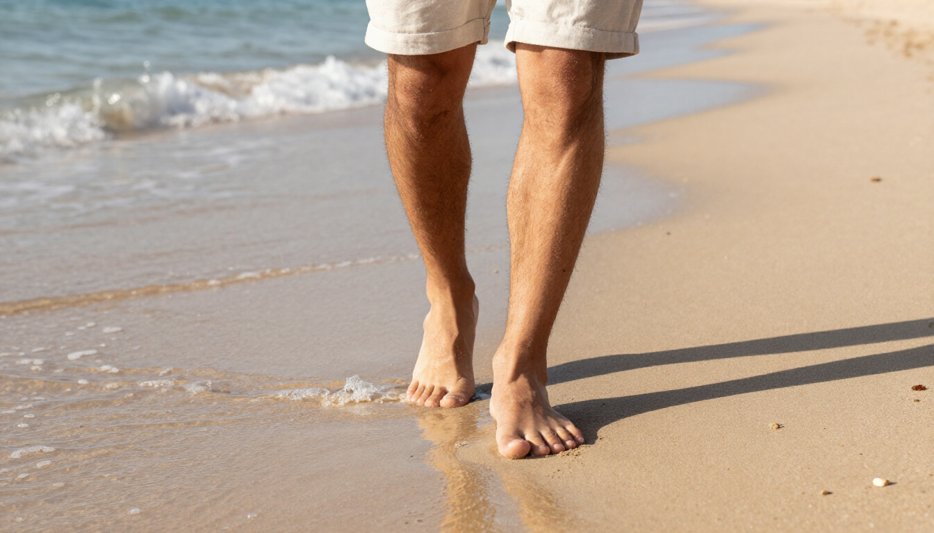 Close up of feet walking on a sunny beach during summer.