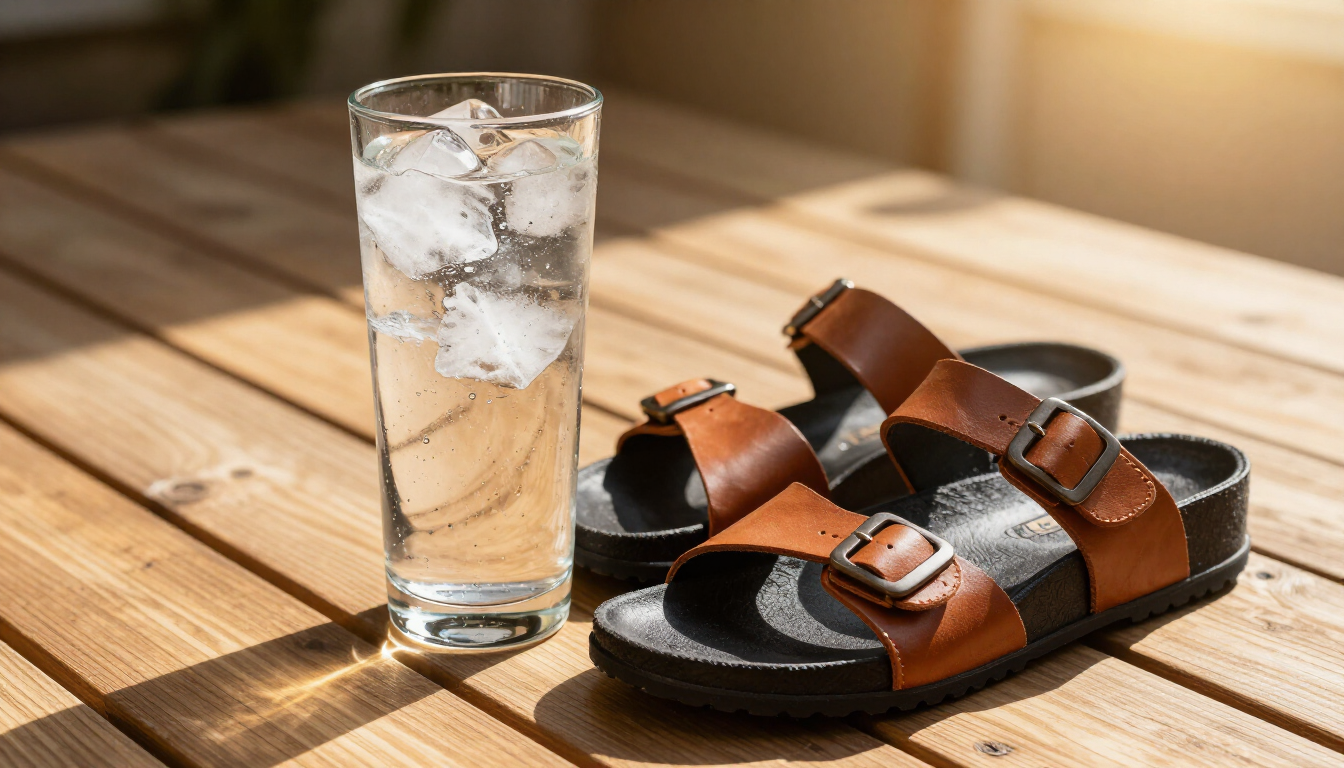 Iced water and sandals on a deck