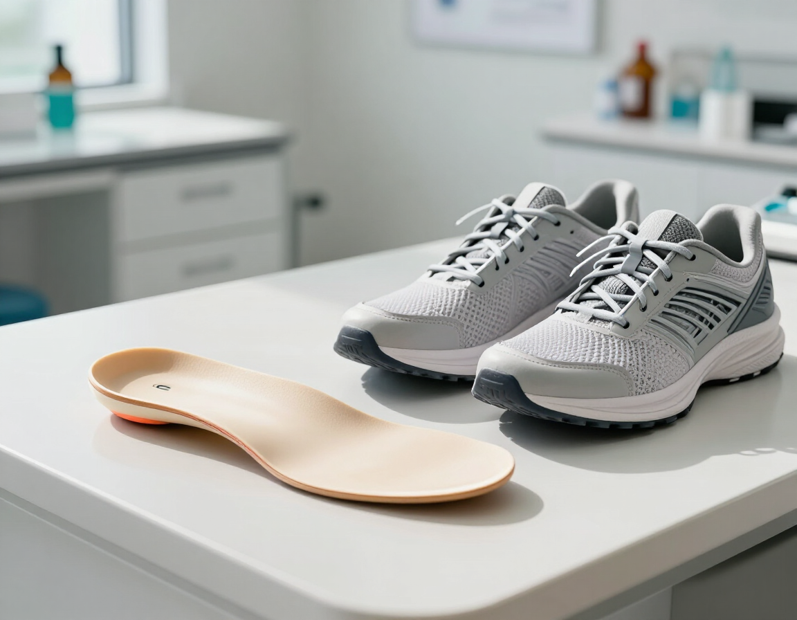 Custom orthotics beside athletic shoes in a podiatry clinic