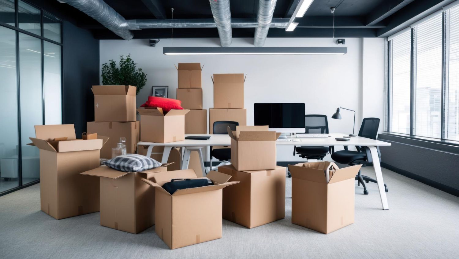 Office space with packed cardboard boxes, desk, and window.