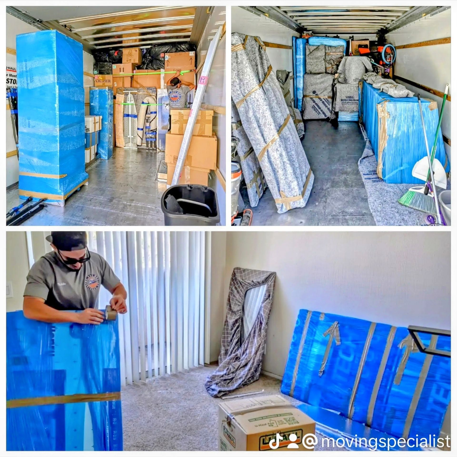 A man is wrapping a piece of furniture in blue plastic.