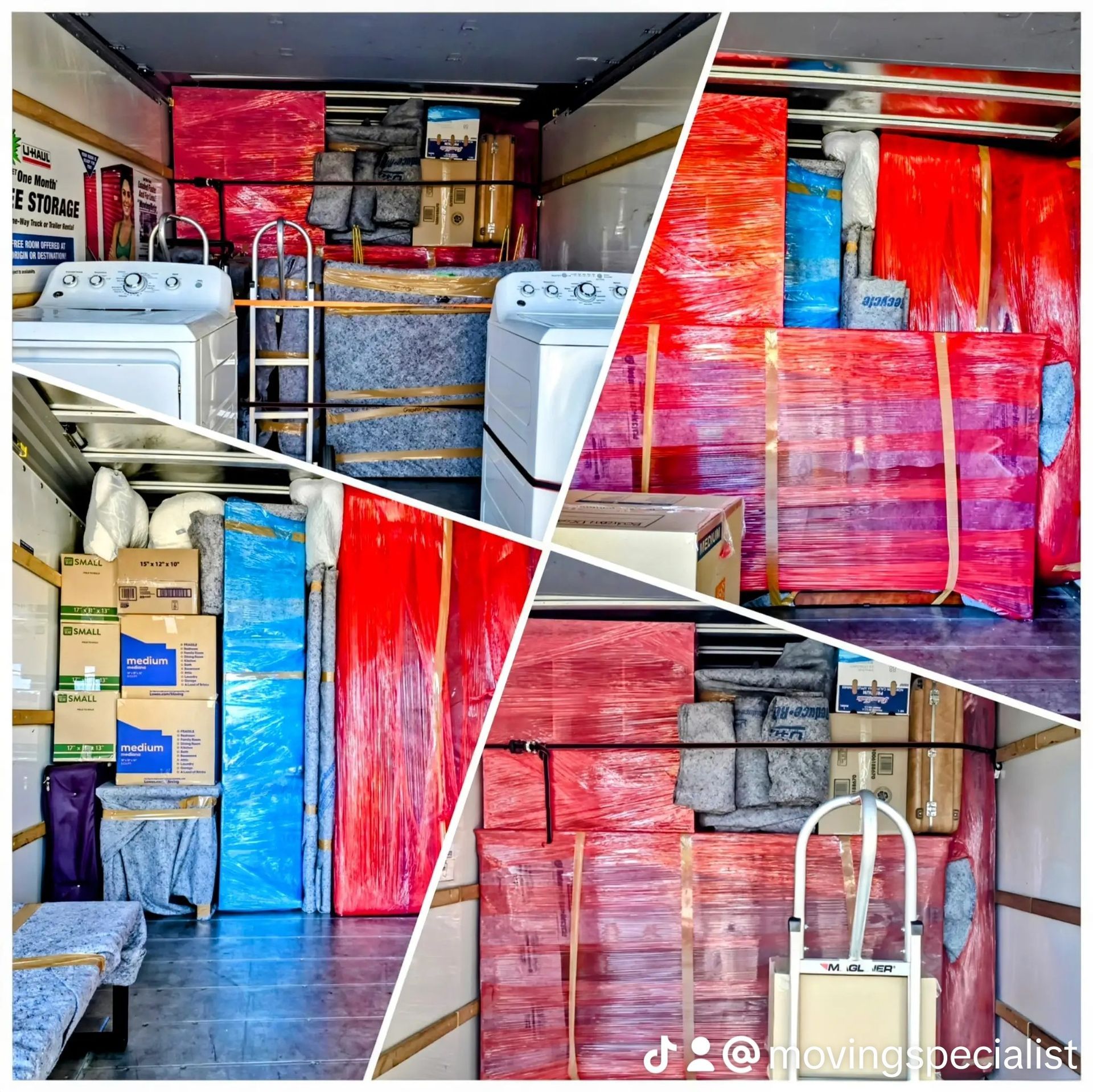 A collage of four pictures of a moving truck filled with boxes and appliances.