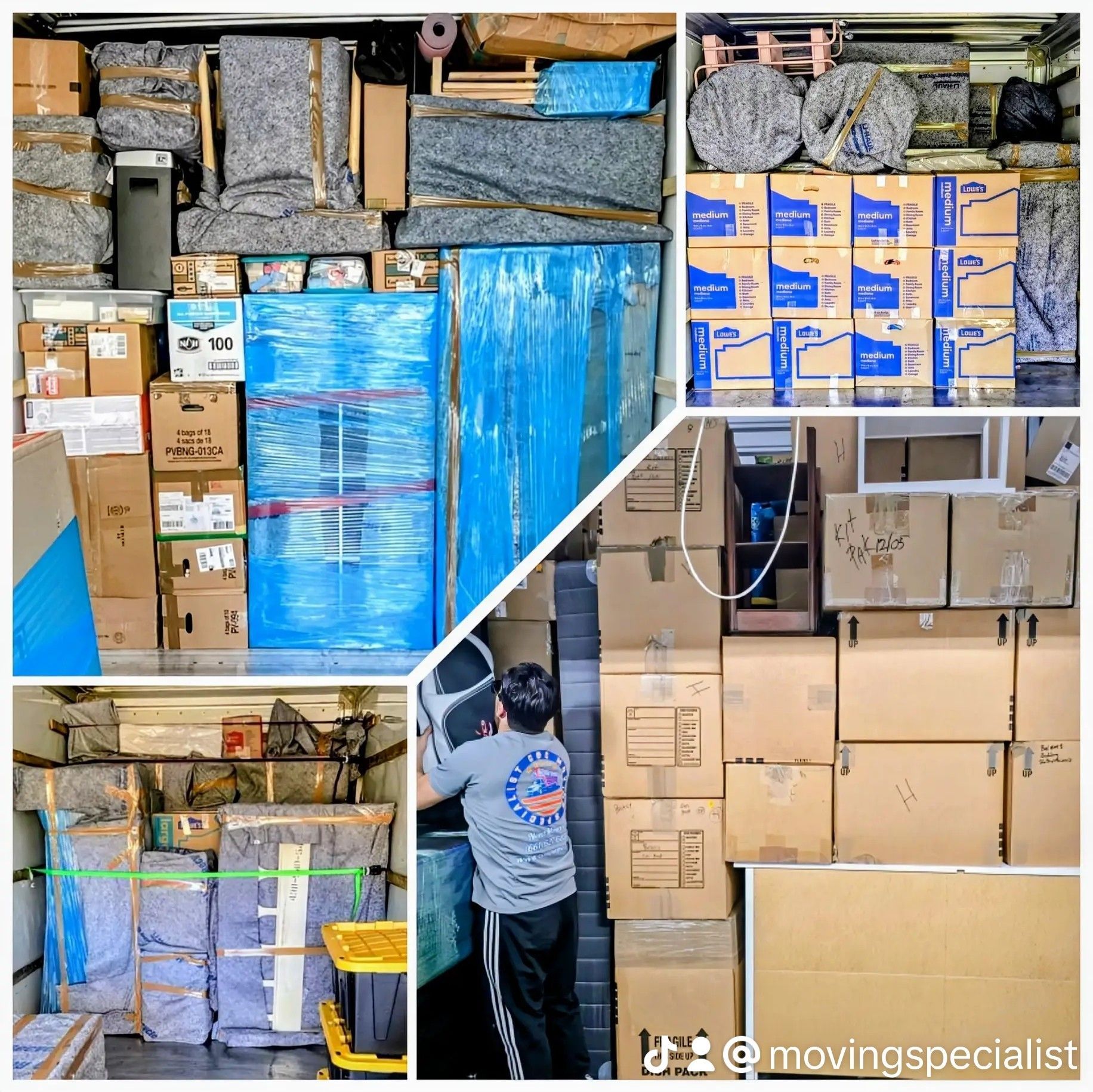 A collage of pictures of a moving truck filled with boxes