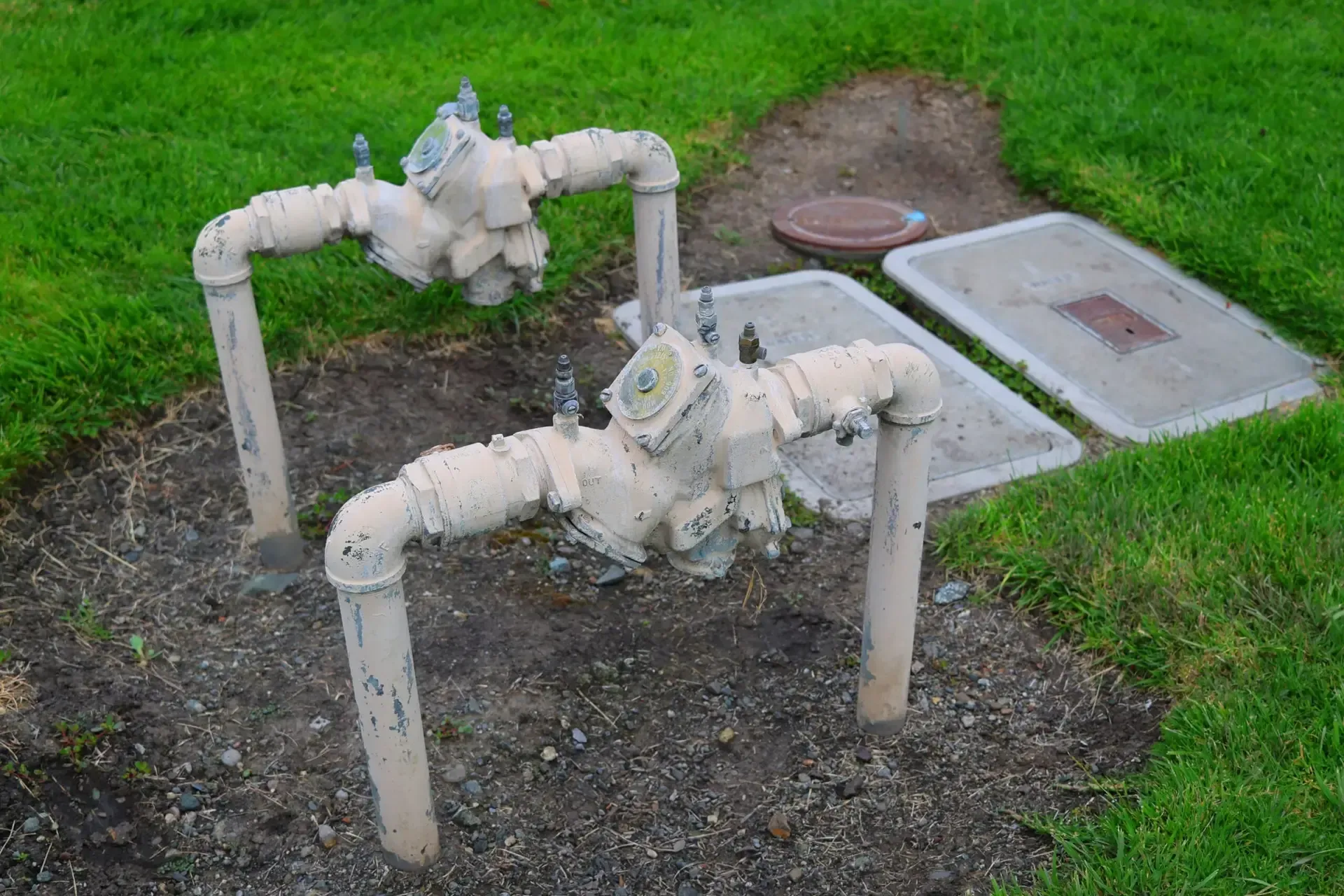 Red industrial pipe with valves and a handwheel against a textured wall outdoors