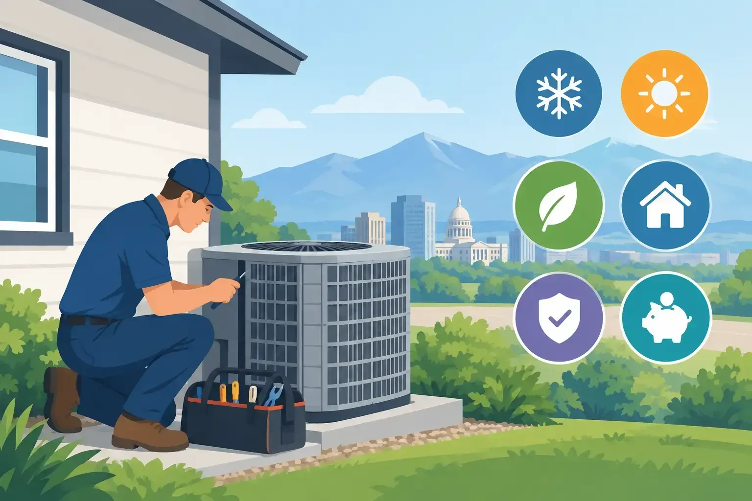 Technician inspecting outdoor HVAC unit beside a house, with weather and energy icons in the background