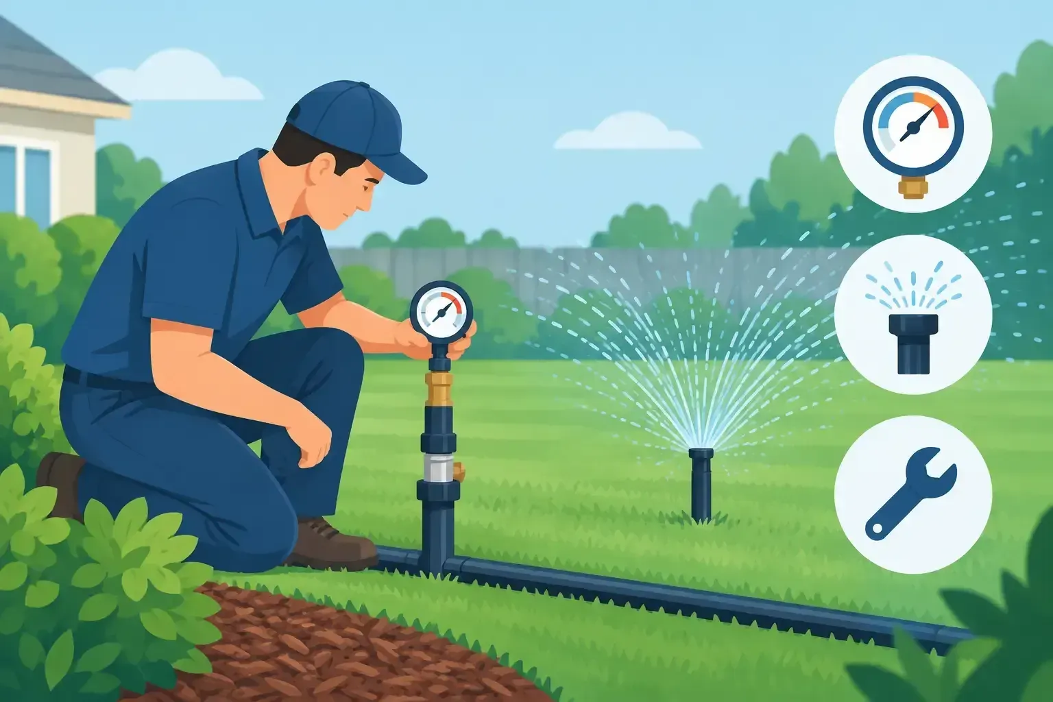 Technician kneeling by lawn sprinkler system in a green yard, with water spraying and maintenance icons displayed