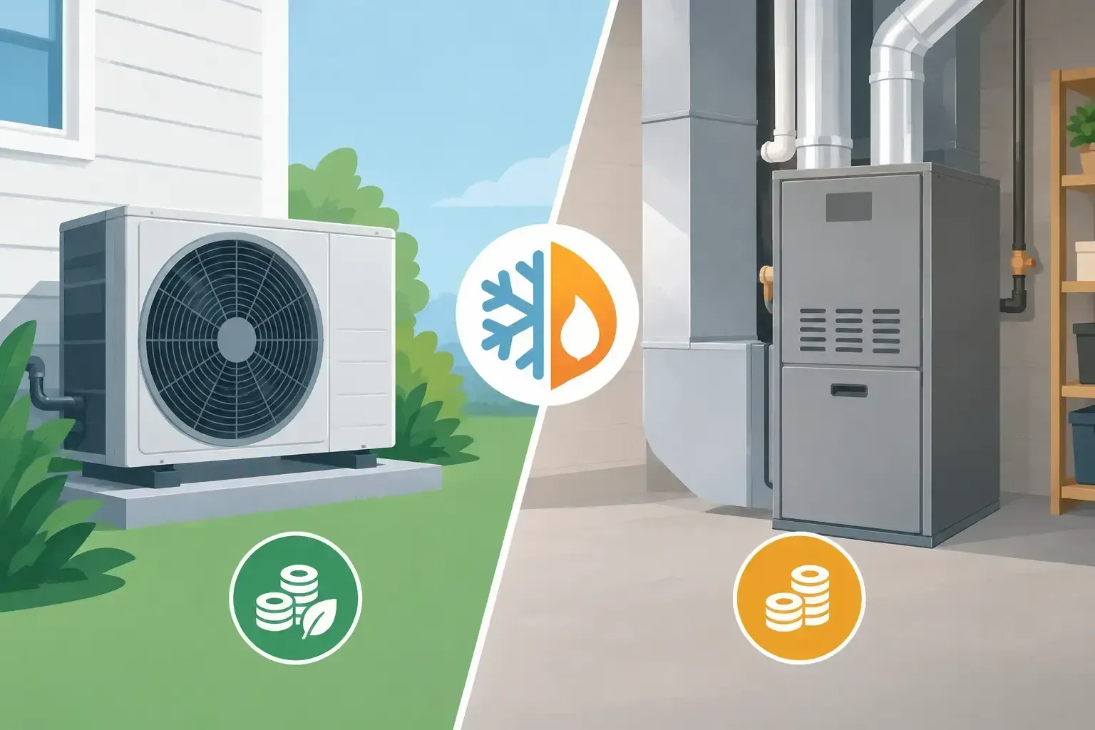 Split graphic of a heat pump and furnace, with green and orange energy-cost icons.