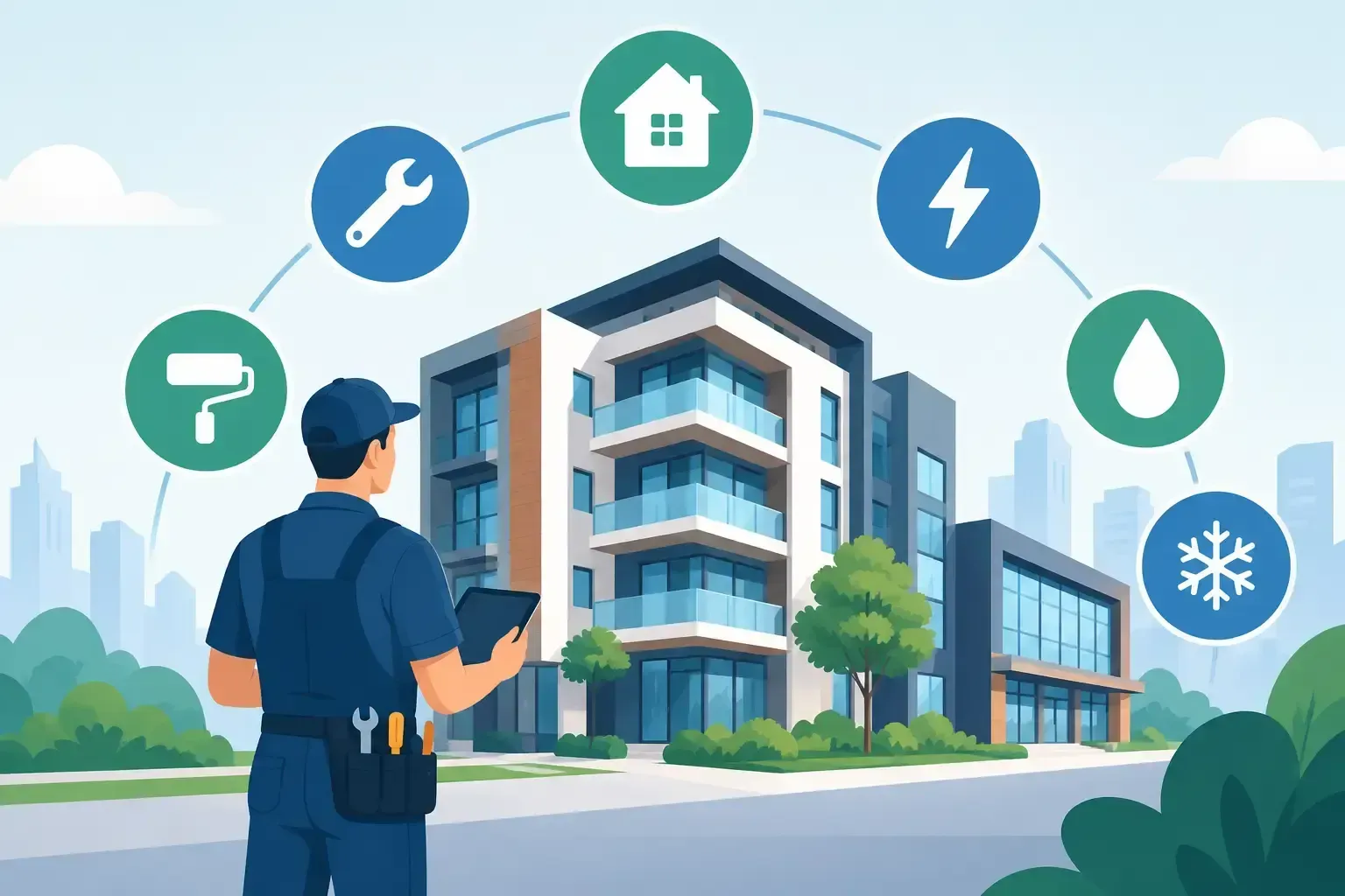 Technician facing a modern building with smart home icons around it