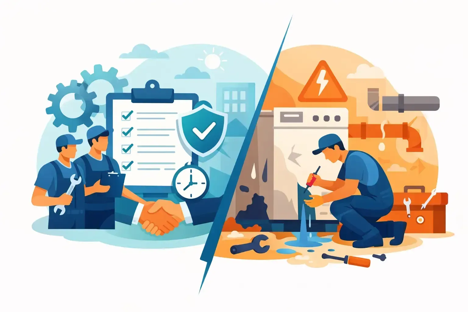 Split illustration of workers with safety gear and repair tools, dividing office efficiency and industrial maintenance scenes