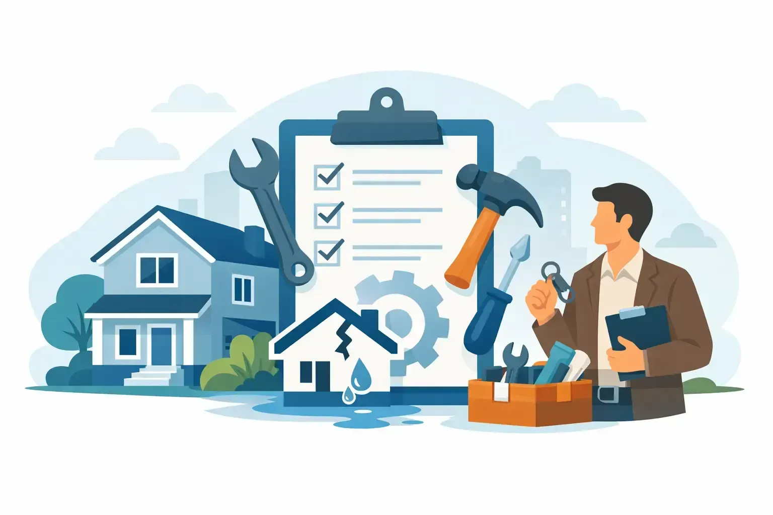 Home inspection scene with clipboard, tools, house, and inspector checking repairs