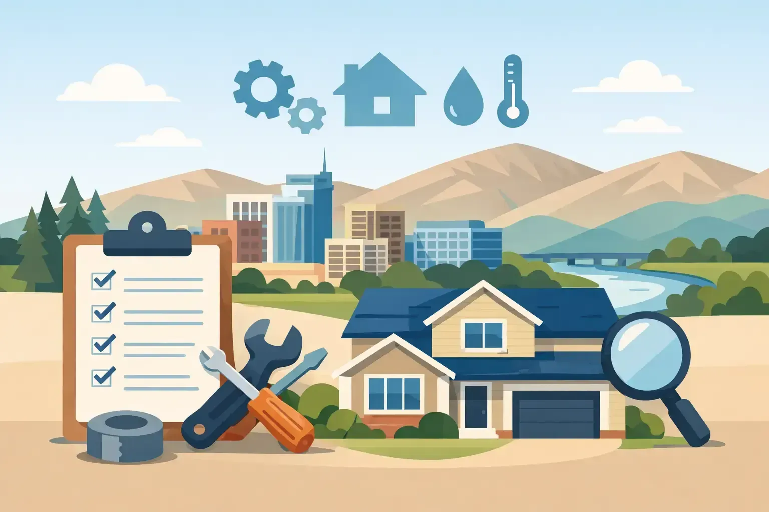 Home maintenance checklist with house, tools, magnifying glass, and city skyline background