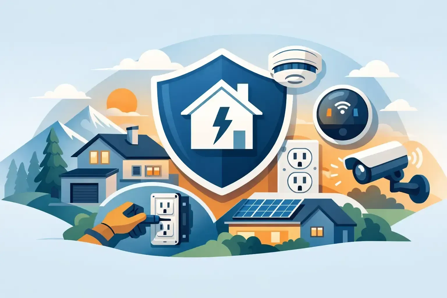Smart home security illustration with shield, house, cameras, alarm, and connected devices