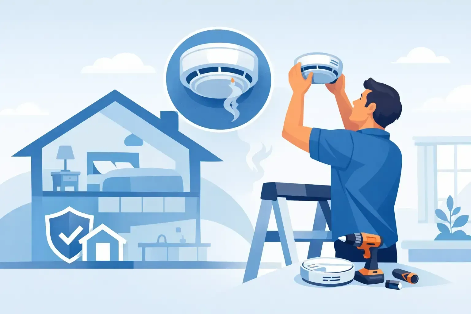 Technician installing a smoke detector in a house illustration with home safety icons and ladder