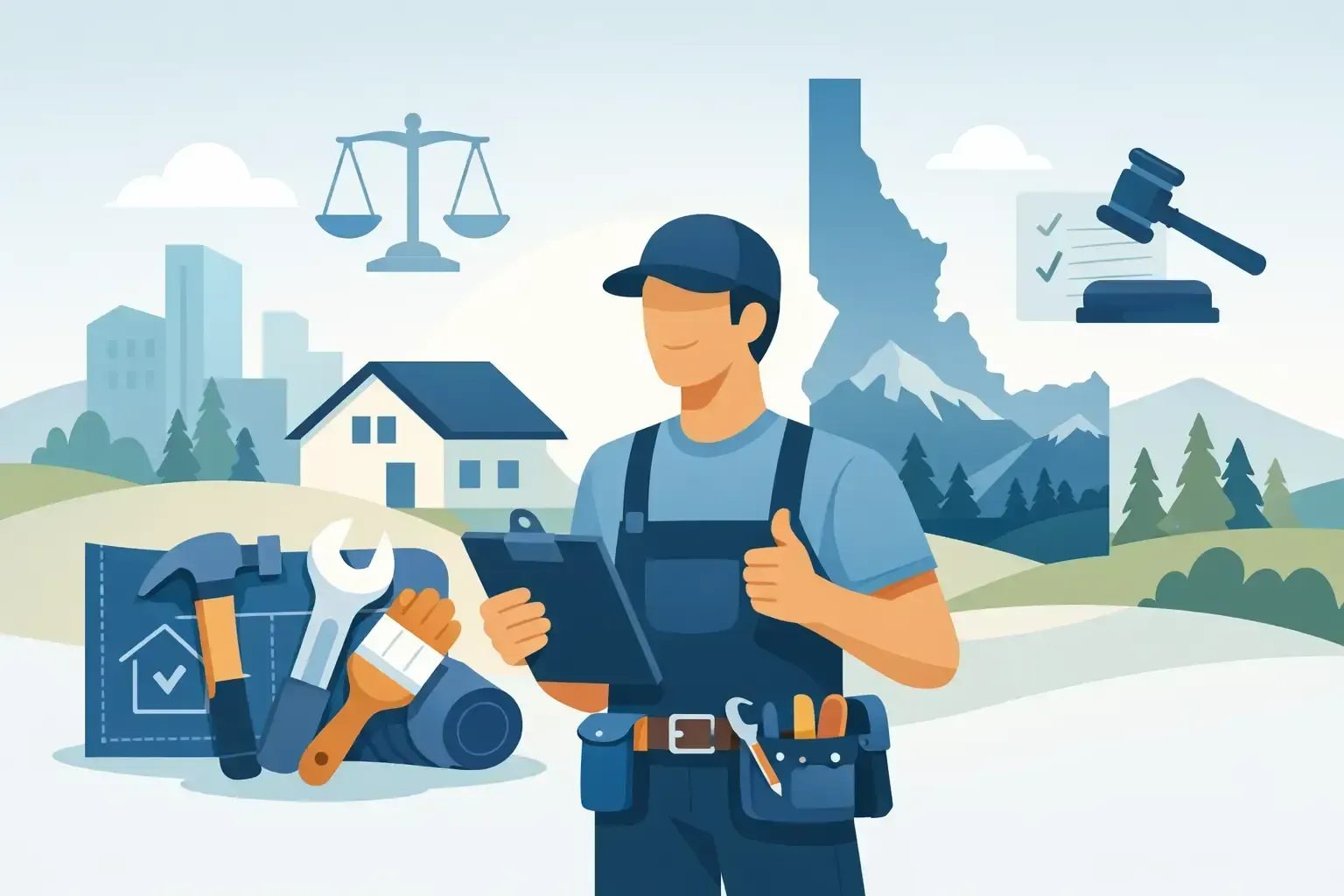 Home repair worker with tools in front of house and legal symbols, blue-toned illustration