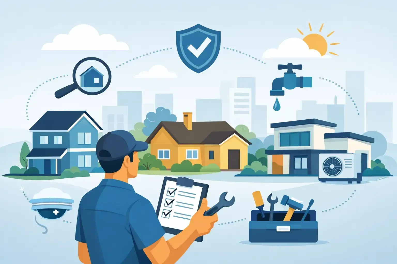 Technician inspecting smart home security systems with connected houses, shield, and tools in a blue cityscape