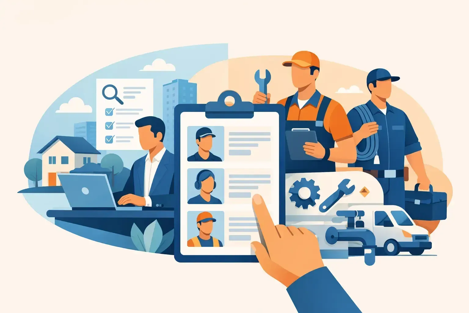 Service workers with clipboard and repair tools in front of home and vehicle icons
