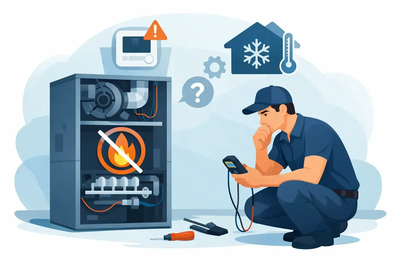 Technician inspecting a broken refrigerator with tools, warning icon, and frost symbols nearby