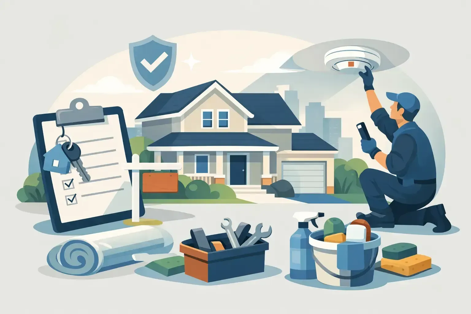 Home inspection scene with a clipboard, house, and repair tools, with two workers inspecting a roof and ladder