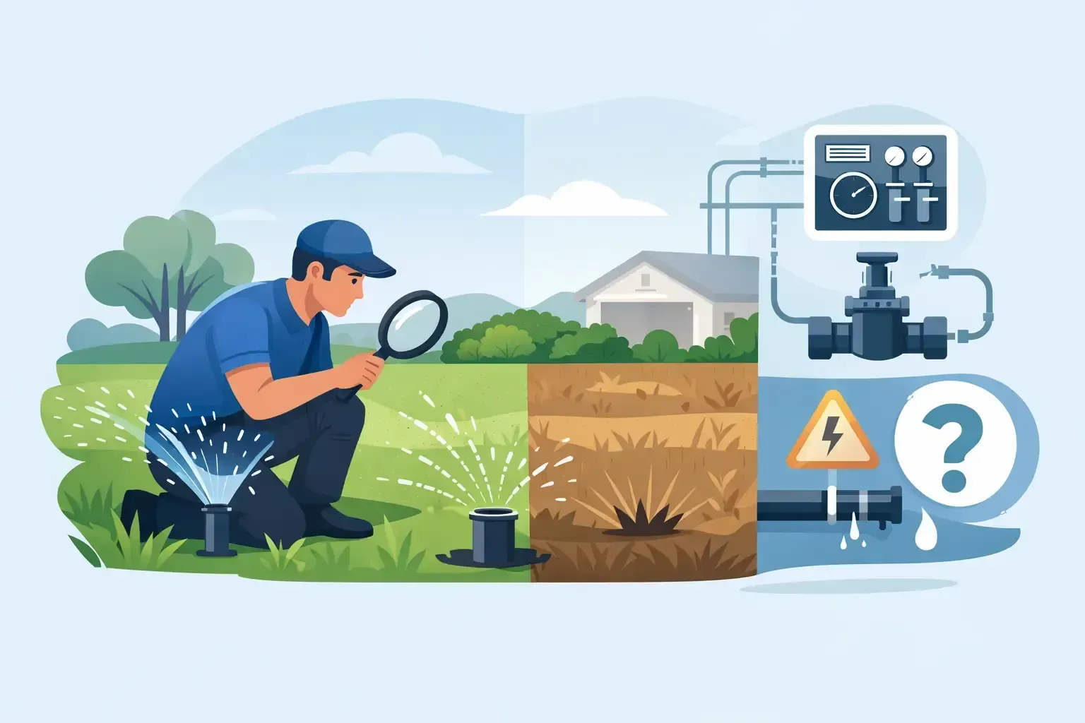 Person inspecting a water leak in a field, with pipes, a warning sign, and a question mark icon beside it