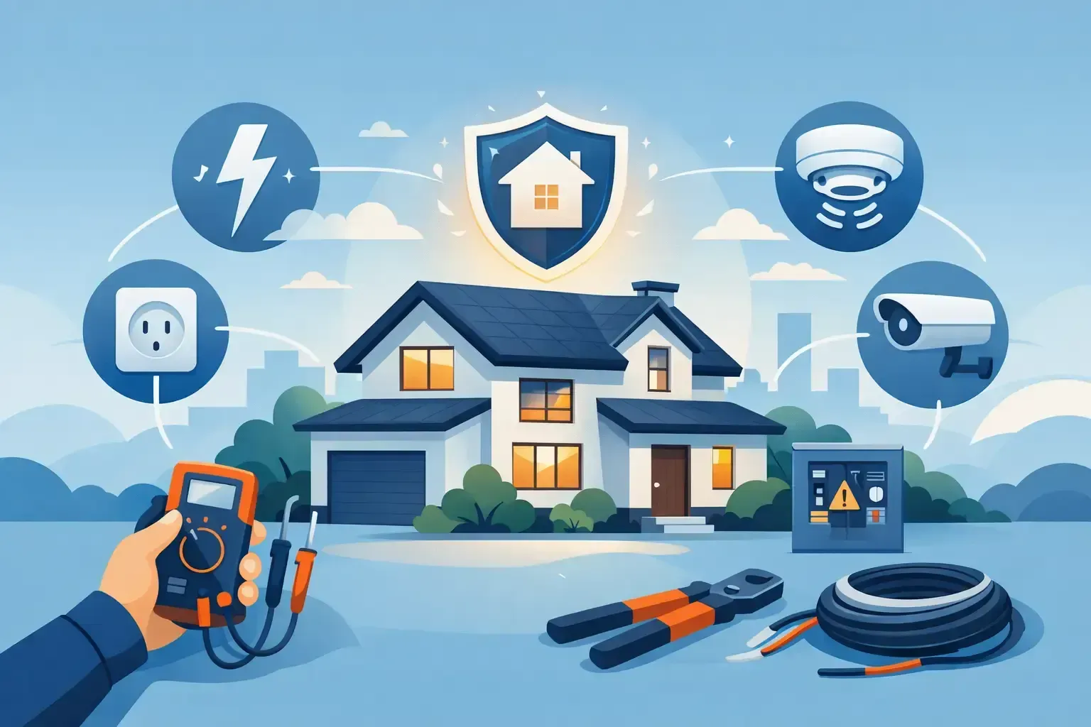 Smart home security system with app control, cameras, sensors, and tools outside a house