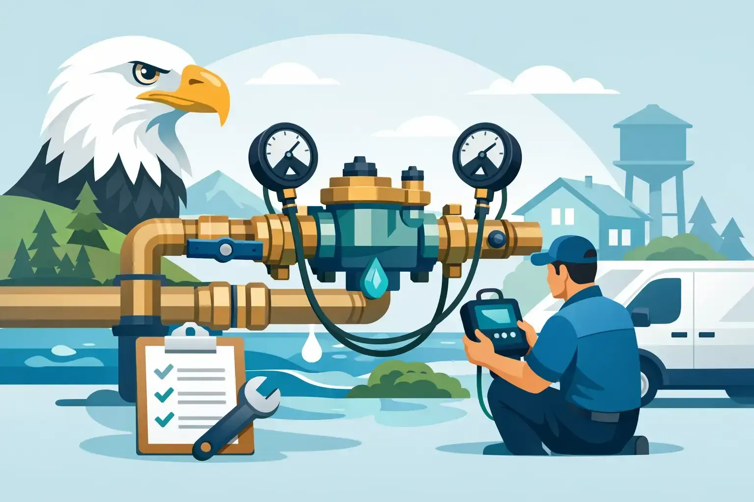 Illustration of an eagle, pipeline, and technician inspecting equipment with a clipboard in a flooded industrial site