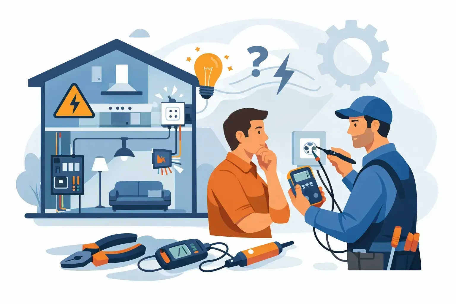 Electrician inspecting a home's wiring with tools, circuit panel, and electrical hazard icons visible