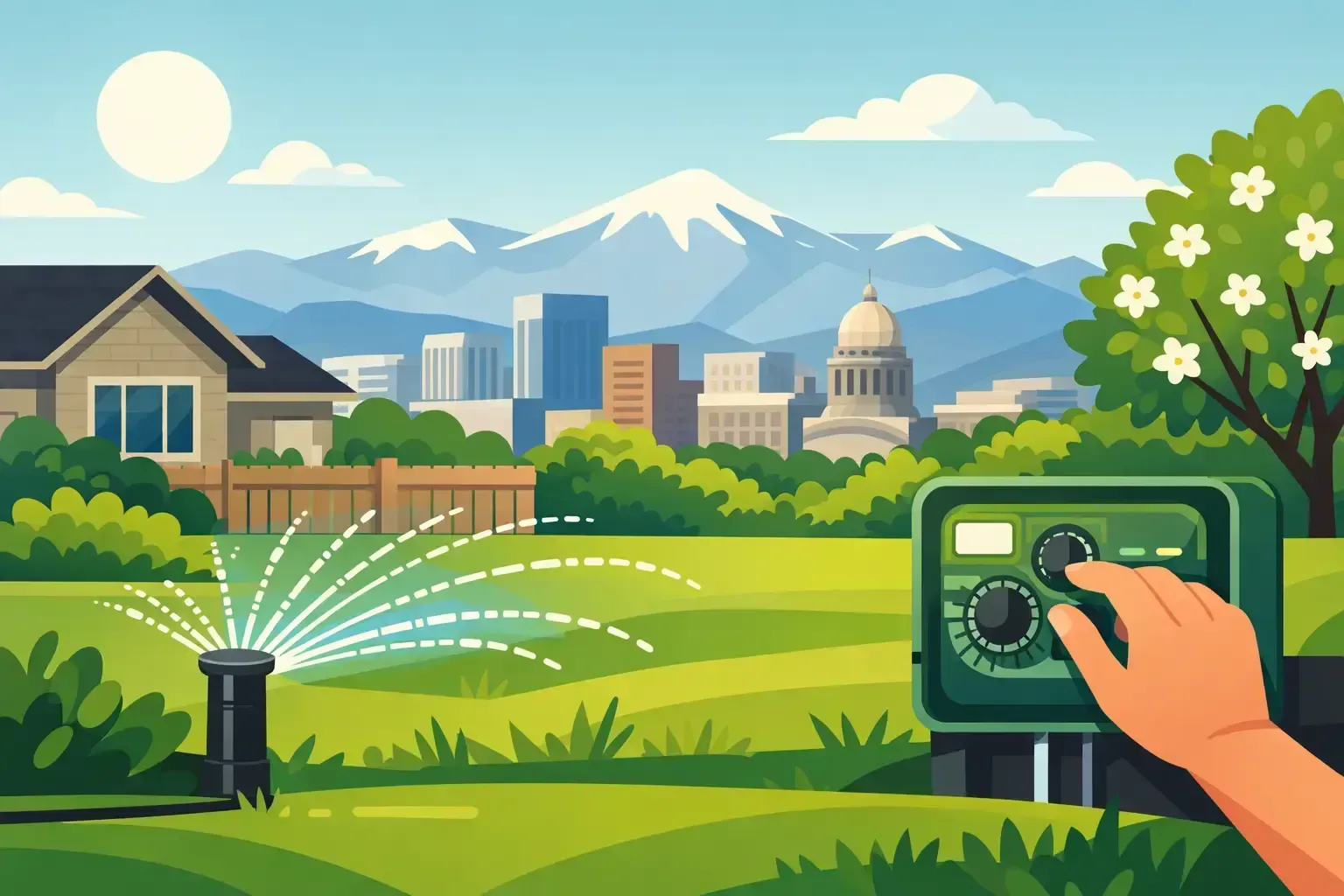 Hands watering a green garden with a house, city skyline, and snow-capped mountain in the background