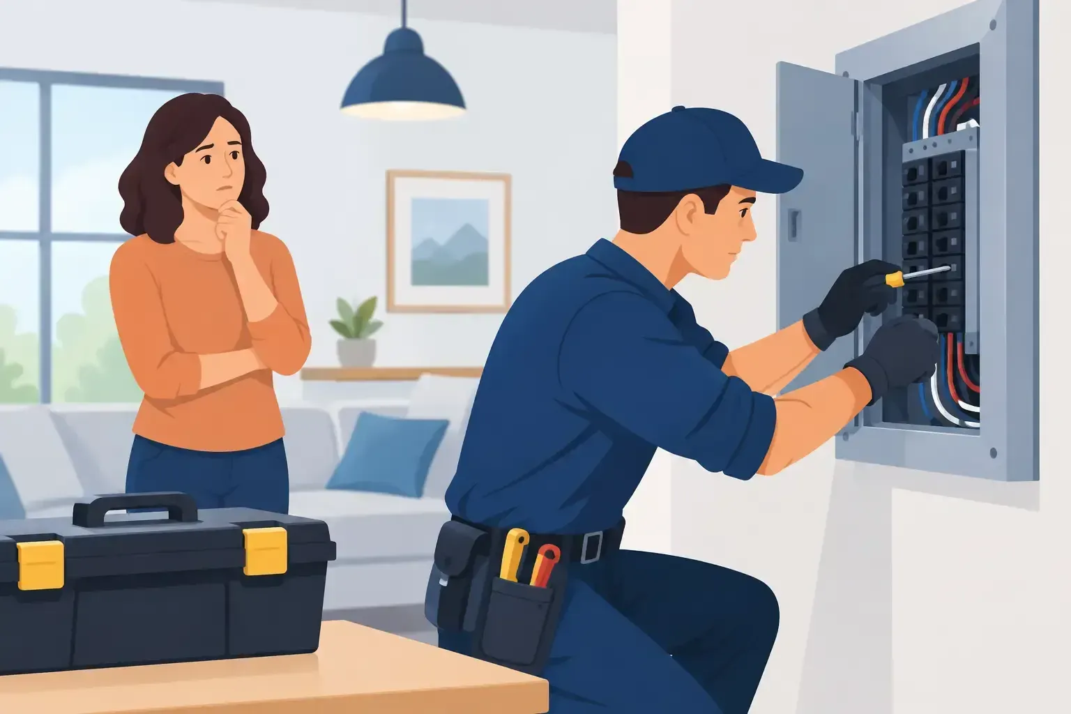 Electrician working in a home breaker panel while a concerned person watches nearby