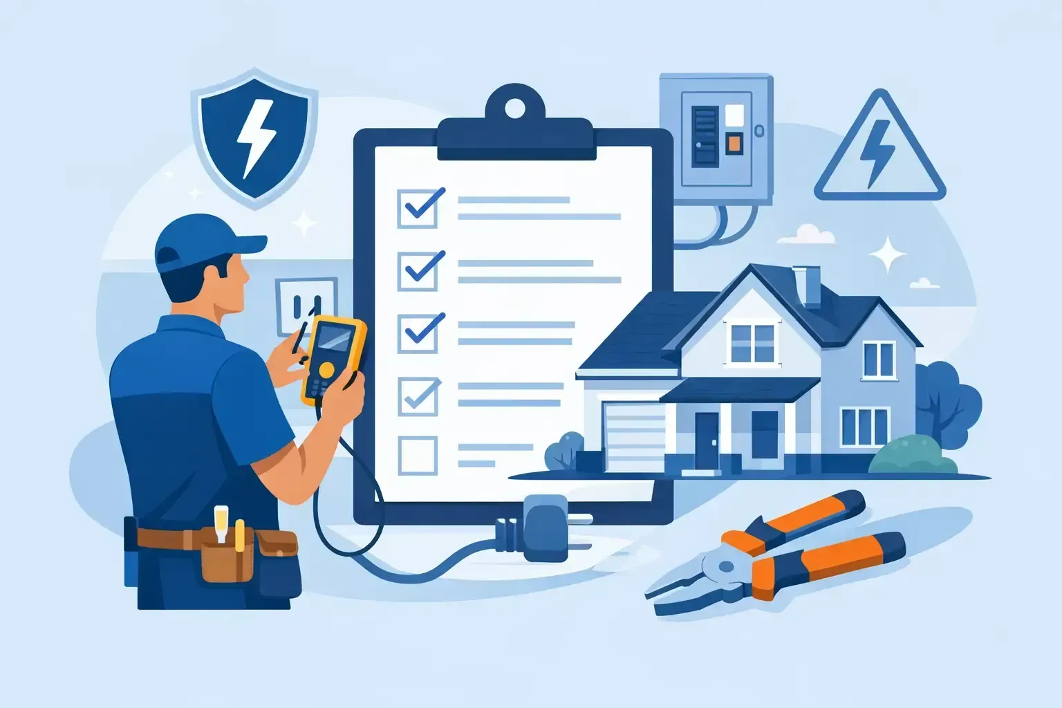 Technician inspecting a house with checklist, tools, and home safety icons.