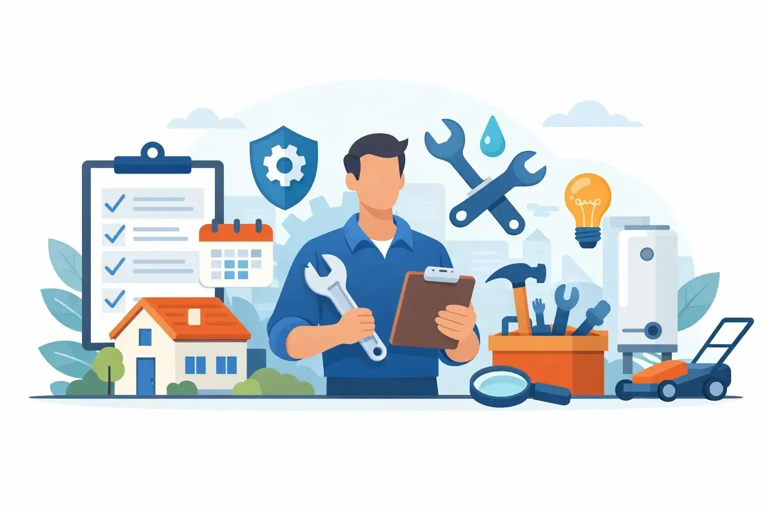 Home repair worker with tools, clipboard, house icon, checklist, and maintenance icons on a blue background