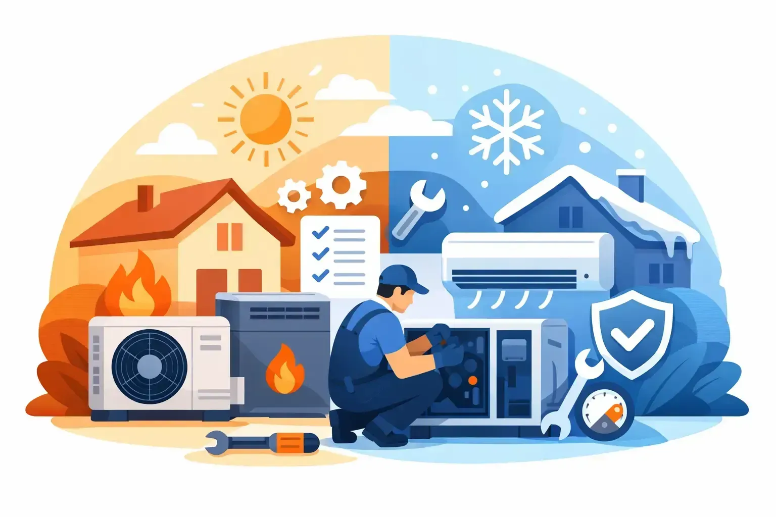 Technician servicing HVAC units, with heating and cooling icons in a winter-summer split scene