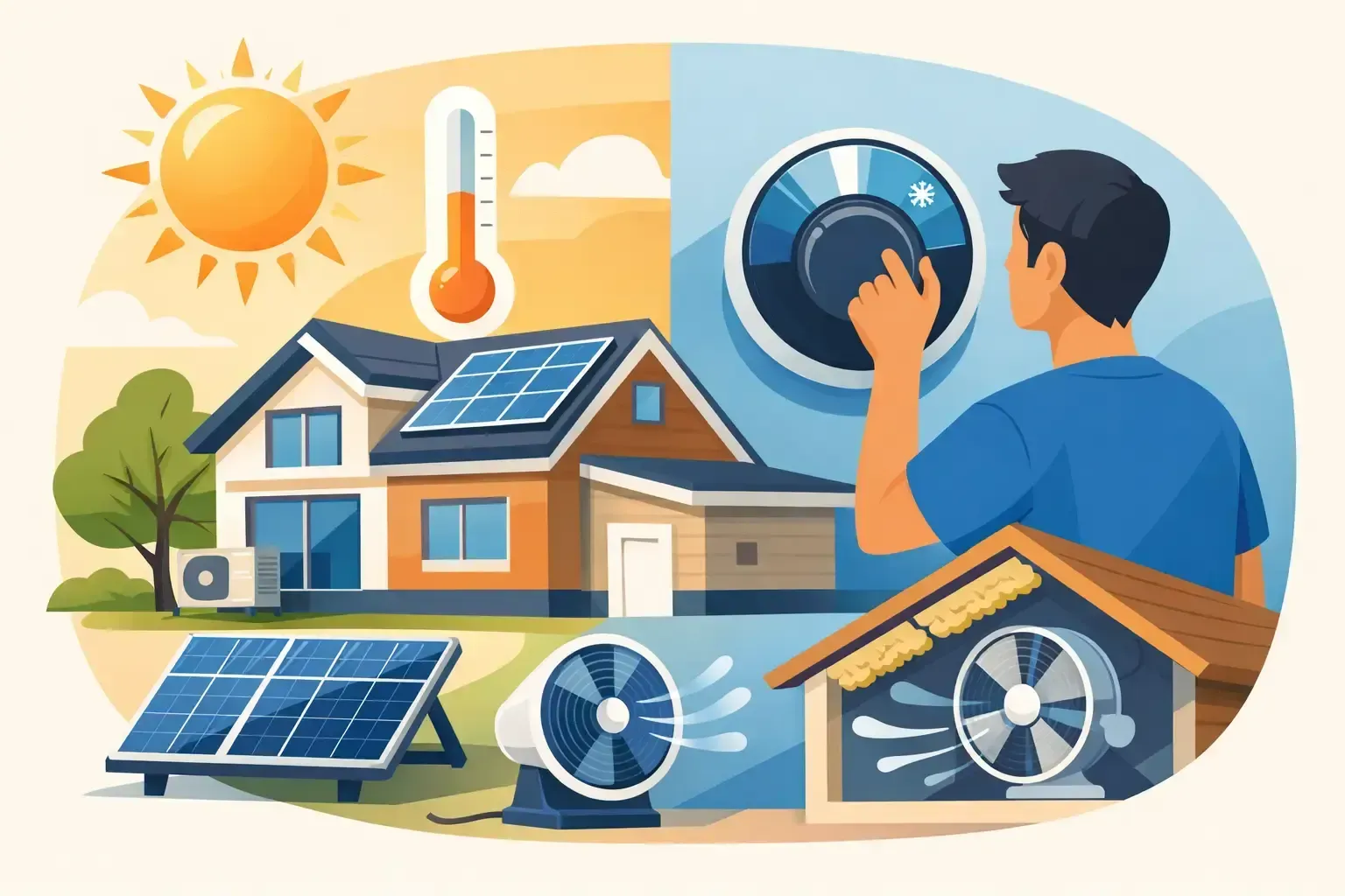 Solar-powered house with sun, thermometer, panels, and a person adjusting a smart thermostat