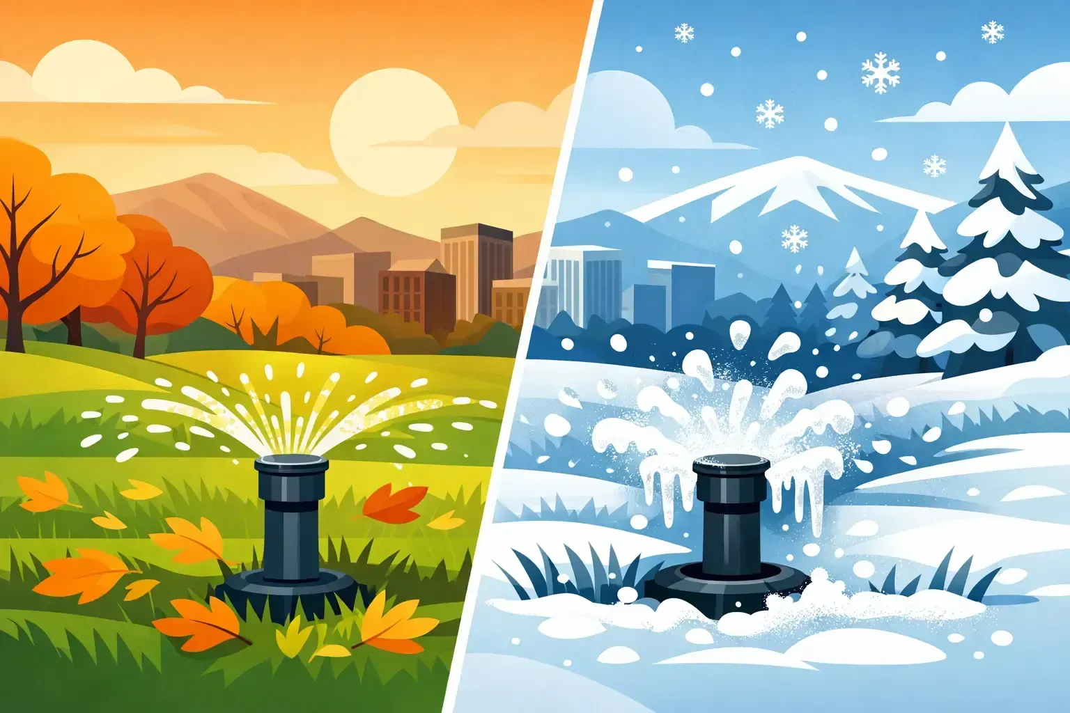 Split-season park scene with green flowers and autumn leaves on one side, snowy winter landscape on the other.
