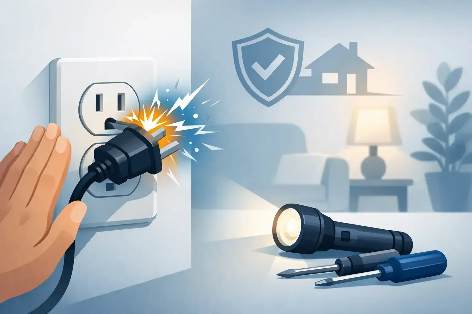 Hand plugging a sparking outlet beside a flashlight, with a home security shield icon in the background