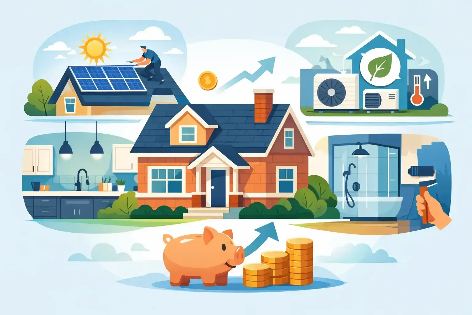 Energy-efficient home with solar panels, smart appliances, water heater, piggy bank, and coins symbolizing savings