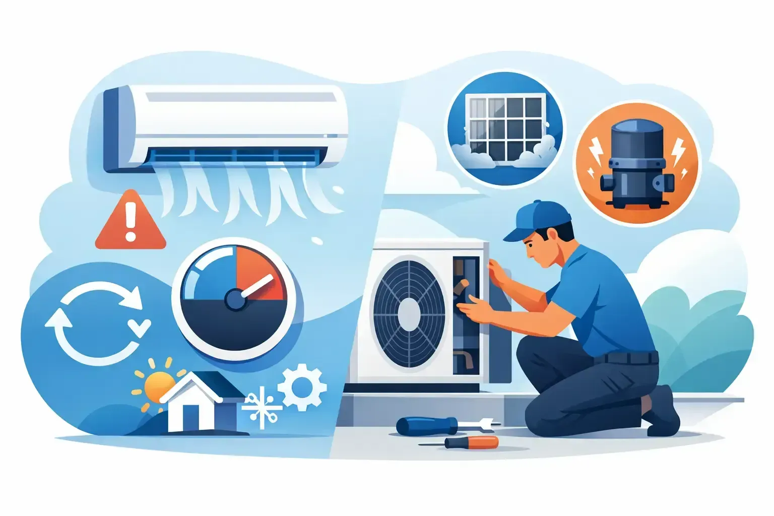 HVAC technician servicing air conditioner with icons for cooling, warning, maintenance, and settings