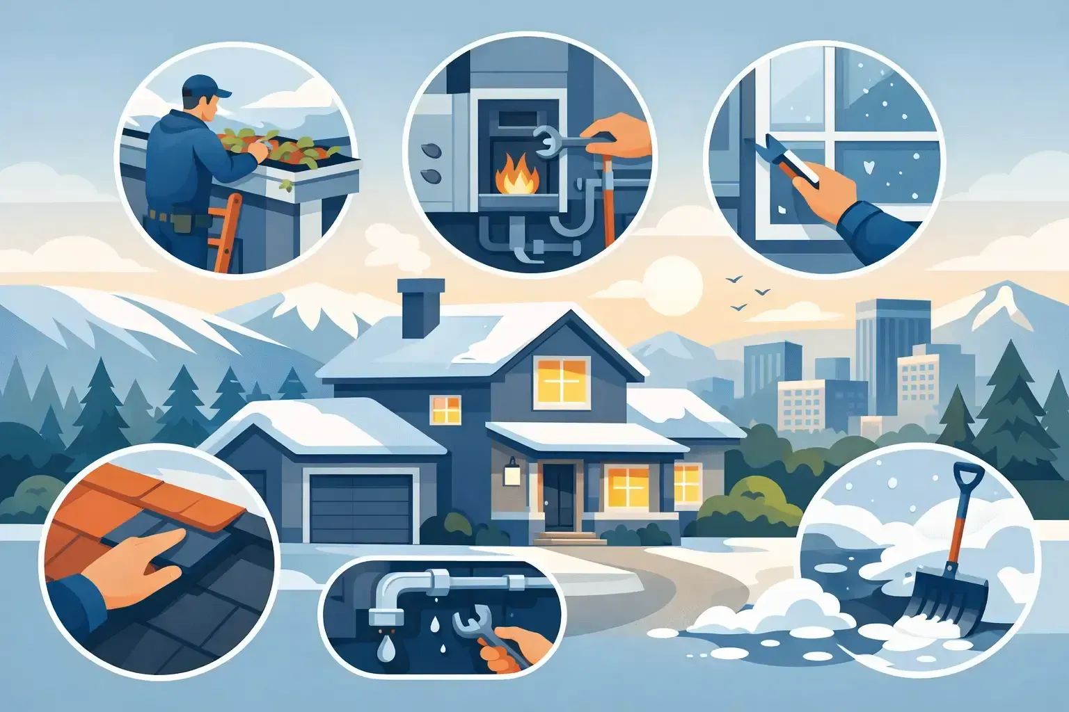 Winter home maintenance collage showing heating, roof, window, plumbing and shovel repairs around a house