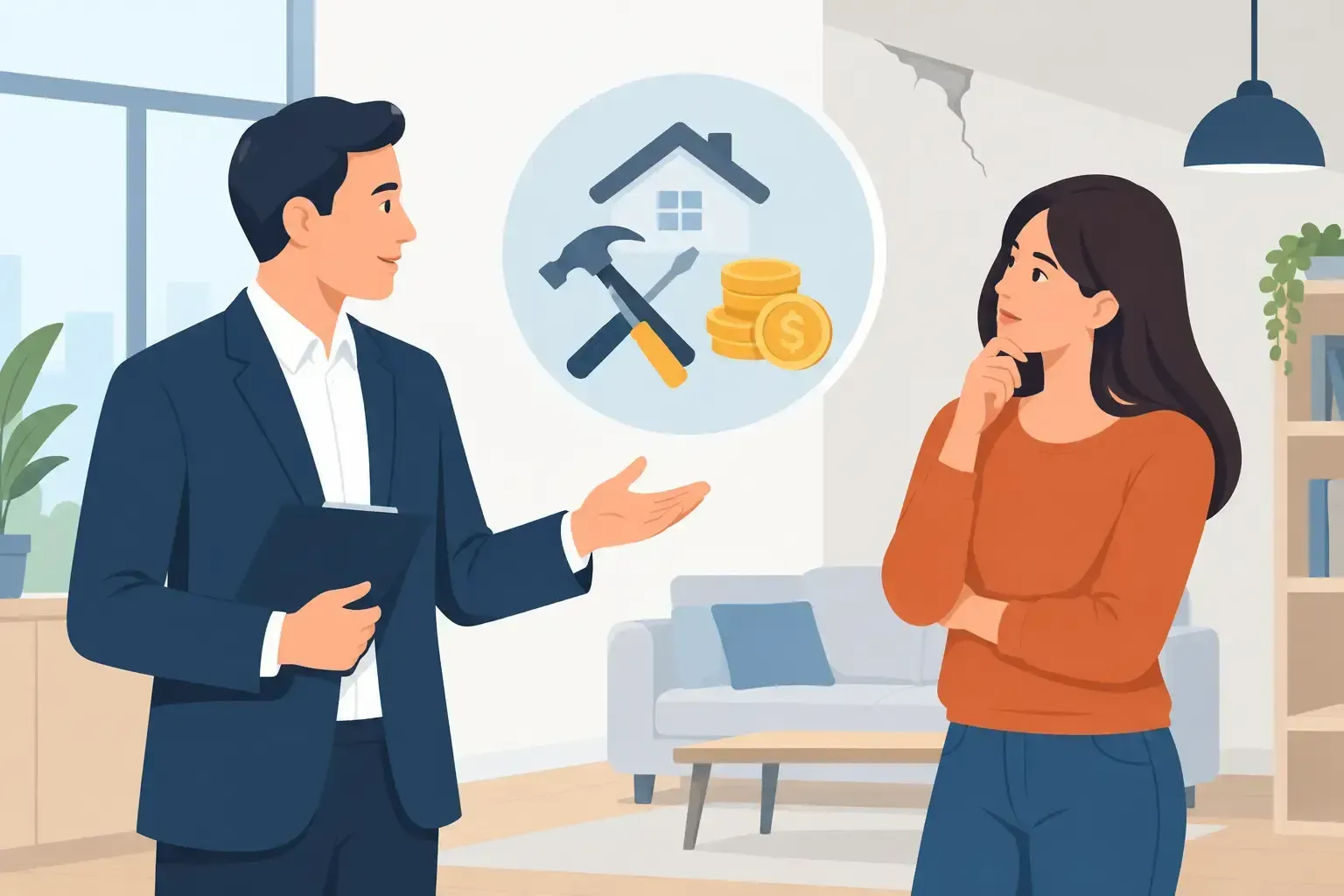 Two people discussing home repair costs, with tools and coins icon in a living room.
