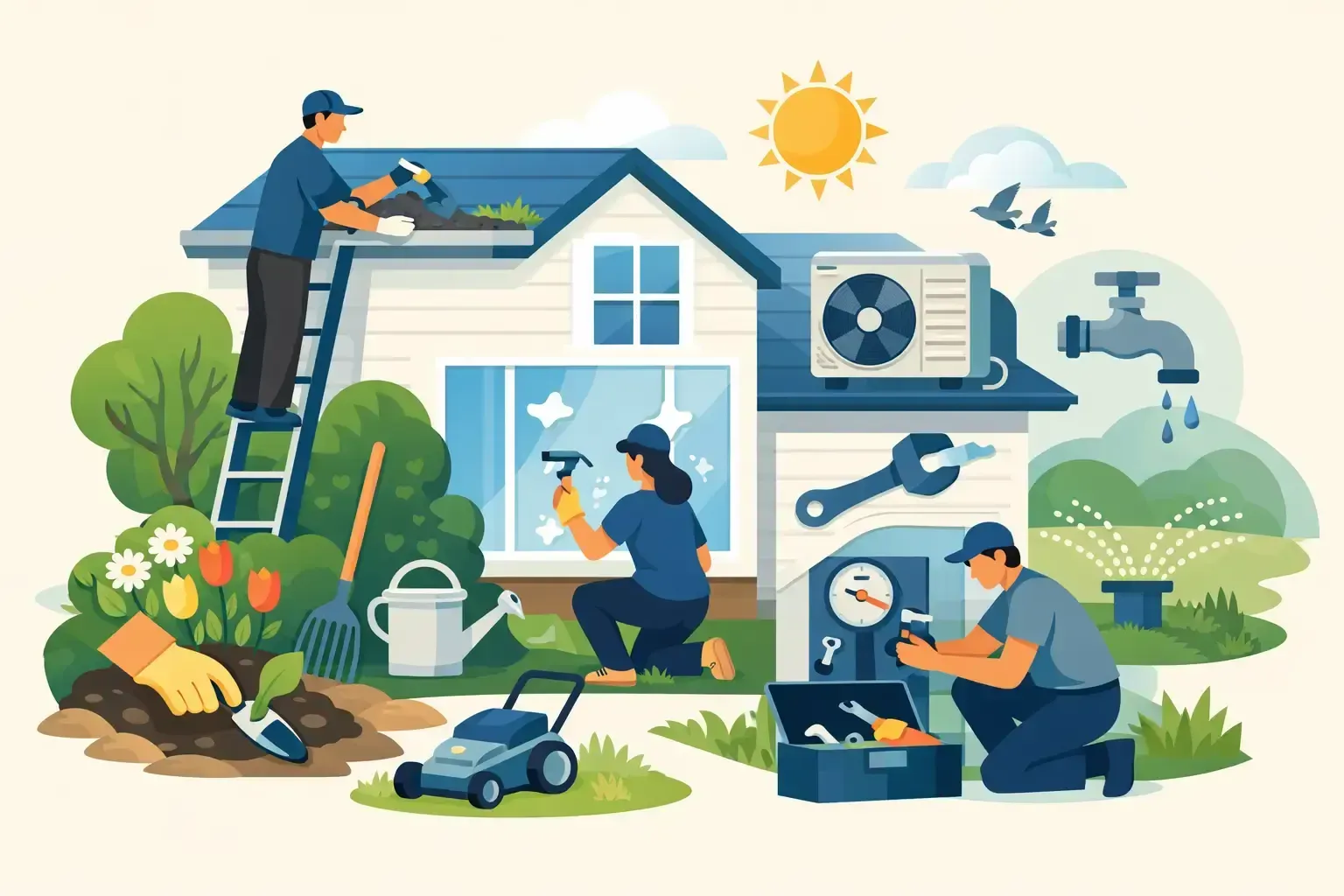 Home maintenance scene with workers cleaning a roof, trimming bushes, and repairing an HVAC unit