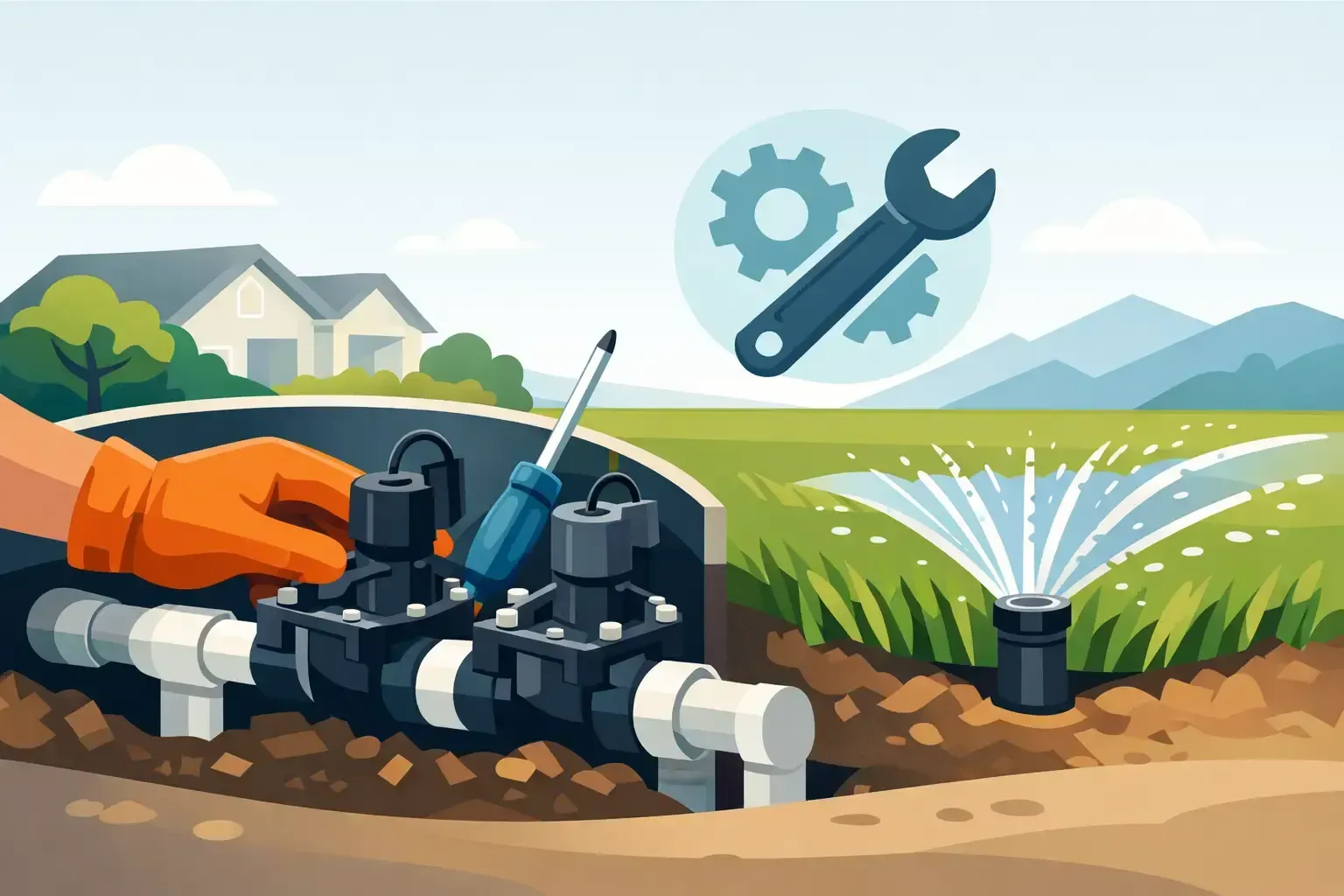 Gloved hand adjusting irrigation valve spraying water in a green field, with wrench and gear icons above