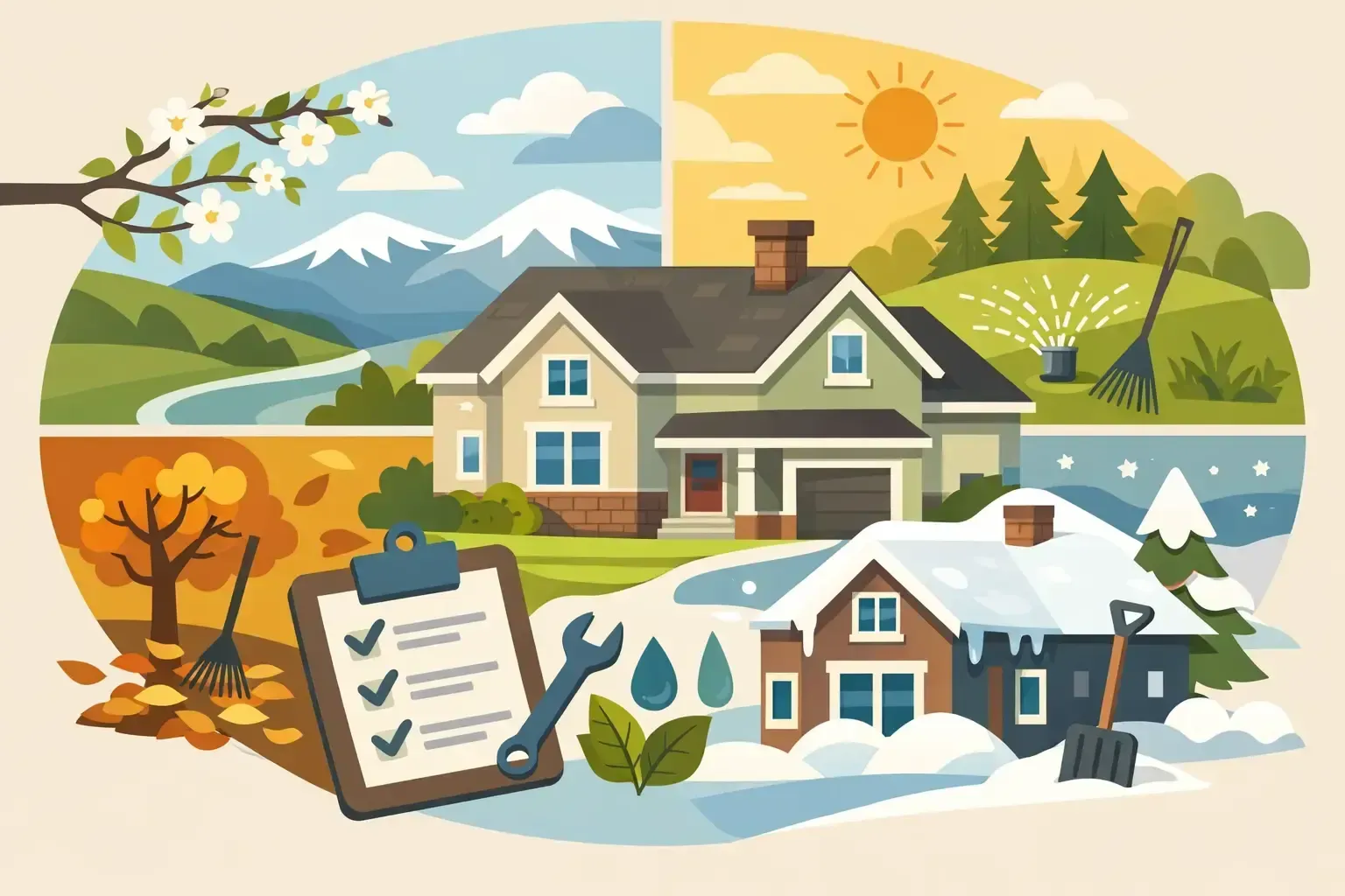 Seasonal home illustration with spring, summer, autumn, and winter landscapes and a checklist clipboard