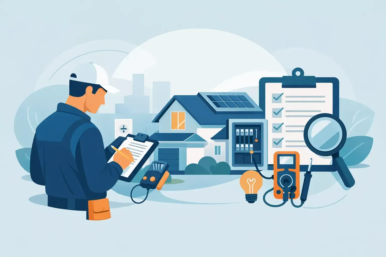 Inspector using a tablet to examine a house, checklist clipboard, magnifying glass, and smart home icons