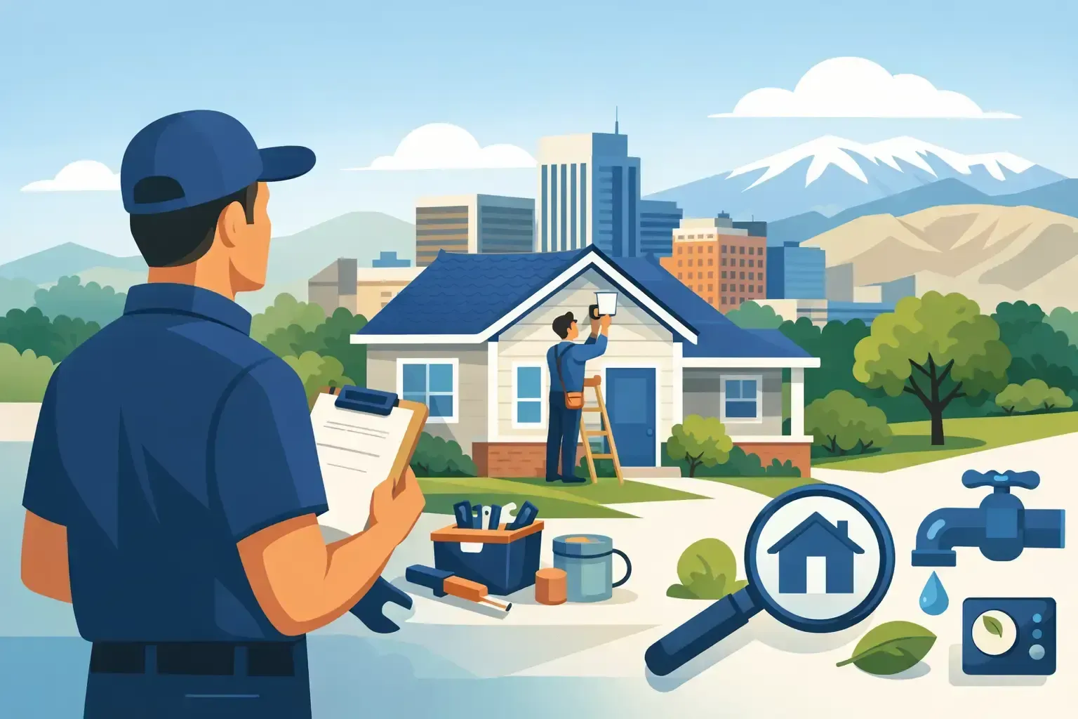 Inspector with clipboard outside a blue house under repair, with tools and home repair icons nearby